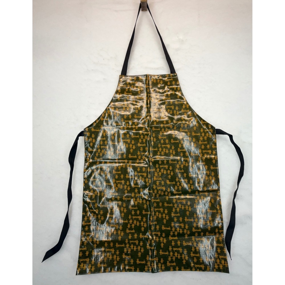 Vtg Harrods Classic Apron Green Gold Logo Print PVC Coated Cotton Made in UK